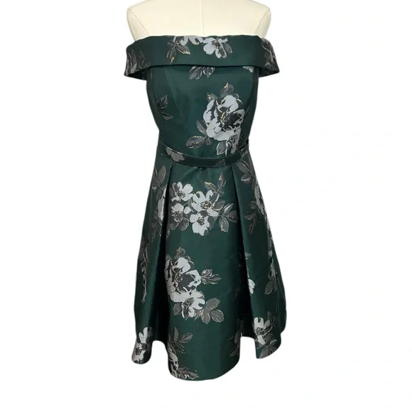 Eliza J Off the Shoulder Emerald Green Brocade Floral Belted Dress Sz 10 - Picture 3 of 16